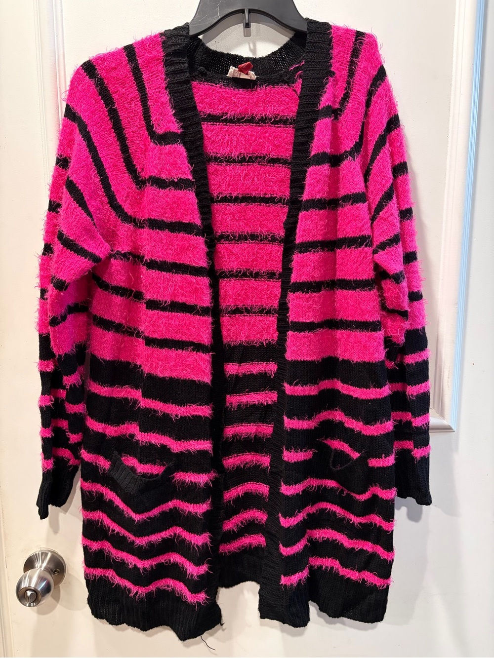lei Fuzzy Open-Front Cardigan in Hot Pink and Black Stripes